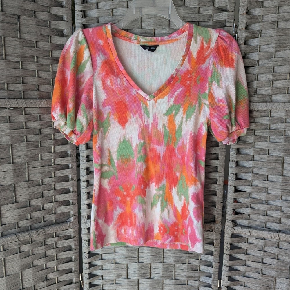 Saint + Sofia Pink Orange Green Abstract V-Neck Puff Sleeve Sweater Womens Sz 6